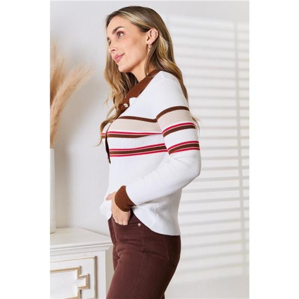 Basic Bae Striped Collared Neck Rib-Knit Top - Picture 2 of 7